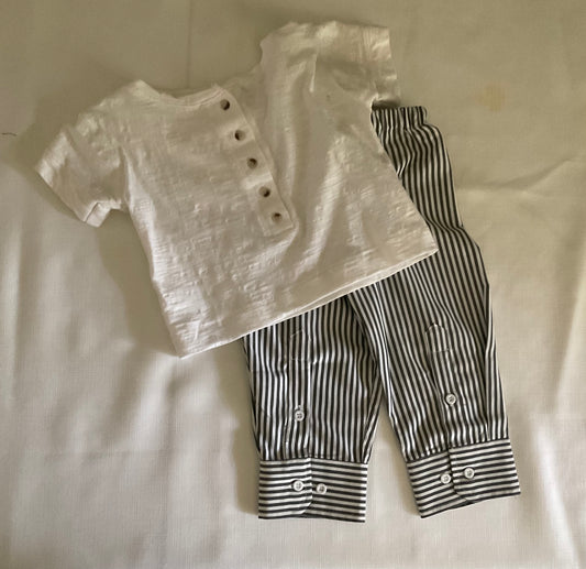 White Top & Gray & White striped Sleeve Pants