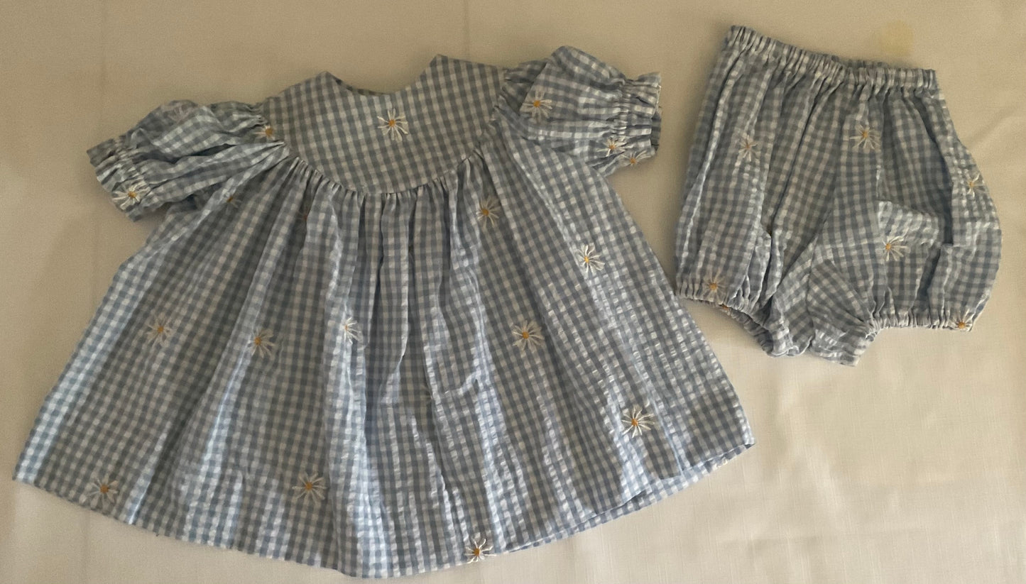 2pc Baby Blue & White Gingham Baby Dress w/Panties